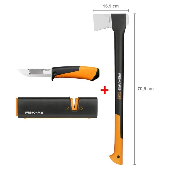 Fiskars Yarma Baltası L-X21 + Bileyicili Ağır İş Bıçağı + Balta ve Bıçak Bileyici