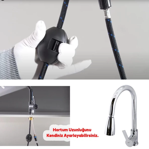 Mix Eyve Sıcak Soğuk Su Girişli Spiral Hortumlu Çeşme Banyo Lavabo Mutfak Musluğu Krom Bataryası - 4