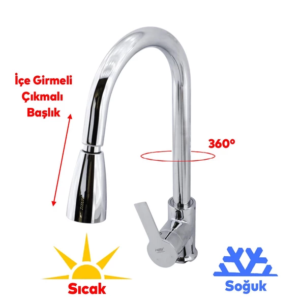 Mix Eyve Sıcak Soğuk Su Girişli Spiral Hortumlu Çeşme Banyo Lavabo Mutfak Musluğu Krom Bataryası - 2