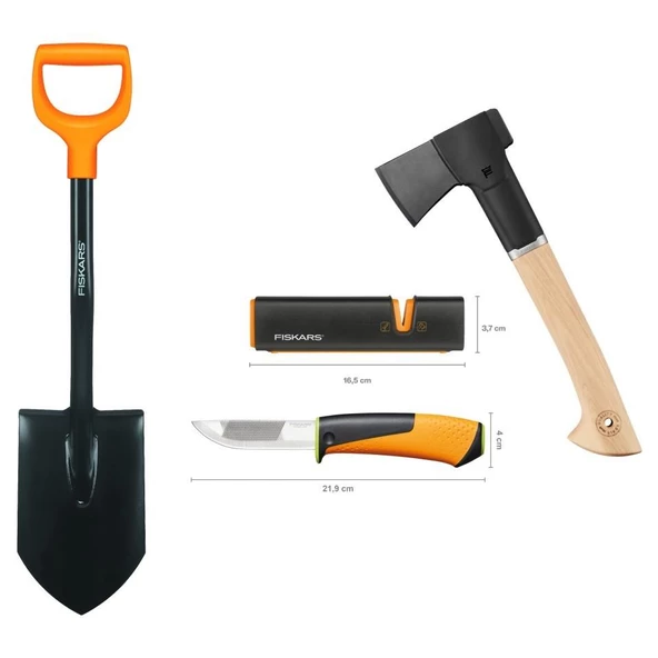 Fiskars Solid Kürek + Norden N7 Balta + Ağır İş Bıçağı + Balta ve Bıçak Bileyici