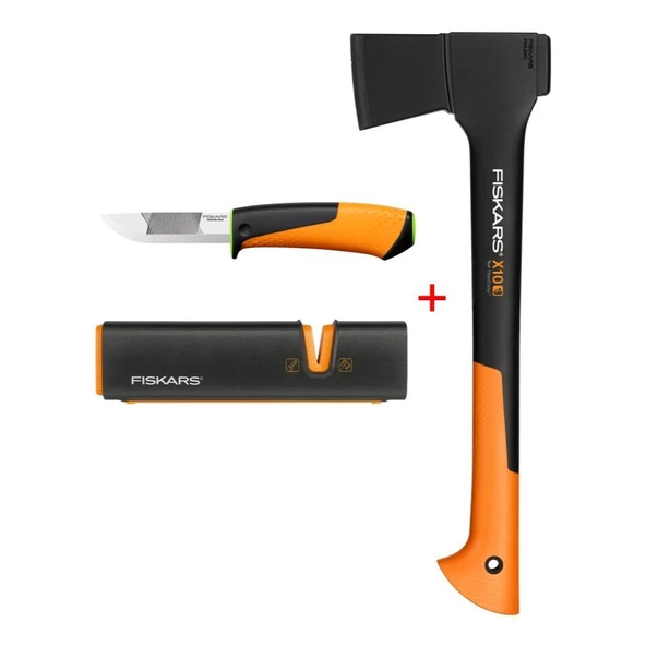 Fiskars Parçalama Baltası S-X10 + Bileyicili Ağır İş Bıçağı + Balta ve Bıçak Bileyici