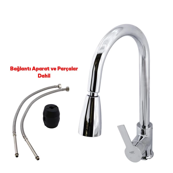 Mix Eyve Sıcak Soğuk Su Girişli Spiral Hortumlu Çeşme Banyo Lavabo Mutfak Musluğu Krom Bataryası - 7
