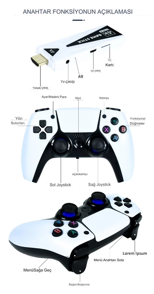 Android Game TV Stick 64 GB Hediye Hazıfa Kartı 2 Kablosuz Oyun Kolu Retro Game Stick Nostalji Oyun Konsolu - 4