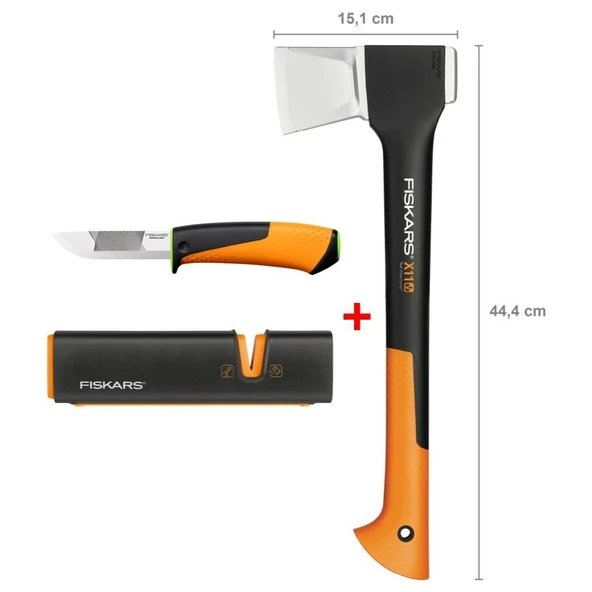 Fiskars Yarma Baltası S-X11 + Bileyicili Ağır İş Bıçağı + Balta ve Bıçak Bileyici