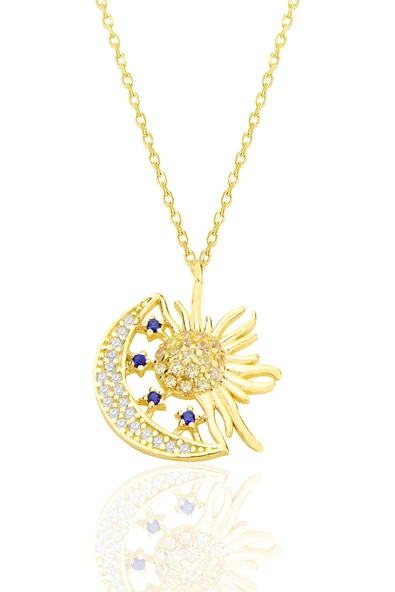 Gümüş altın yaldızlı zirkon taşlı gece gündüz kolye SGTL12591GOLD