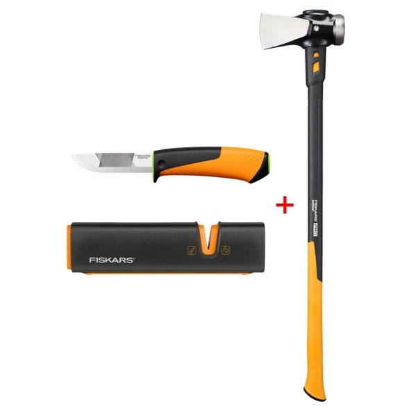 Fiskars Yarma ve Vurma Baltası Xxl 8lb/36 + Bileyicili Ağır İş Bıçağı + Balta ve Bıçak Bileyici