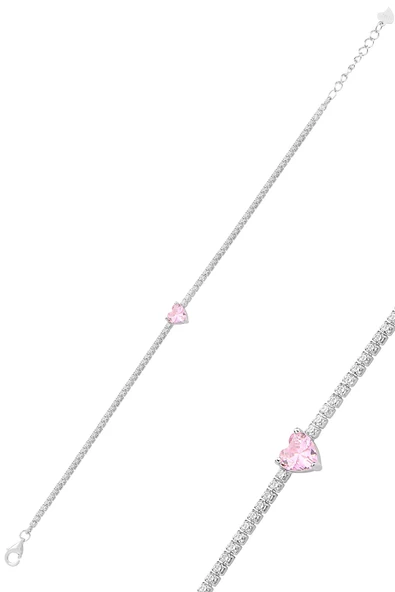 Gümüş beyaz altın rodyumlu pembe zirkon taşlı pırlanta montürlü kalpli su yolu bileklik SGTL12614PEMBE ürün görseli