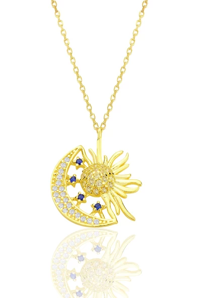 Gümüş altın yaldızlı zirkon taşlı gece gündüz kolye SGTL12591GOLD - 2