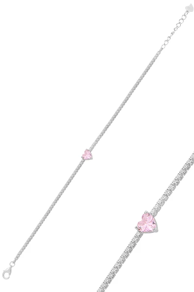 Gümüş beyaz altın rodyumlu pembe zirkon taşlı pırlanta montürlü kalpli su yolu bileklik SGTL12614PEMBE - Resim 2