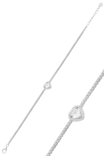 Gümüş beyaz altın rodyumlu zirkon taşlı pırlanta montürlü love kalp su yolu bileklik SGTL12615BEYAZ - Resim 2