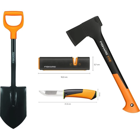 Fiskars Solid Kürek + S-X10 Balta + Ağır İş Bıçağı + Balta ve Bıçak Bileyici Seti