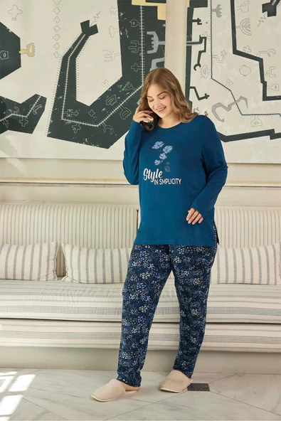 Aydoğan Kadın inci Büyük Beden Style Gece Mavisi Pijama Takım 0647 - 2