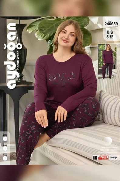 Aydoğan Kadın inci Büyük Beden WILD Vişneçürüğü Pijama Takım 0659 - 3