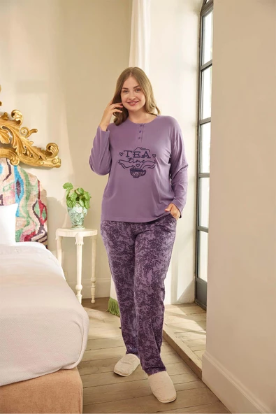 Aydoğan Kadın Suzi Büyük Beden Termal Mistik Mor Pijama Takım 0679 - 2