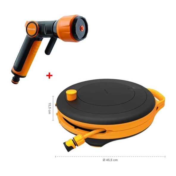 Fiskars Sulama Tabancası Çoklu + Hortum Makara Seti S 3/8" Siyah 9 mm 15 m