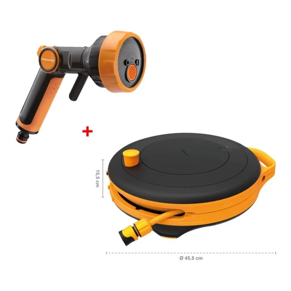 Fiskars Sulama Tabancası 4 Fonksiyonlu + Hortum Makara Seti S 3/8" Siyah 9 mm 15 m