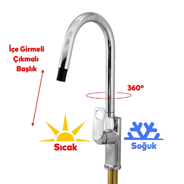Spiral Hortumlu Bella Çıkar Başlıklı Eyve Su Çeşme Banyo Lavabo Mutfak Musluğu Krom Bataryası - 5