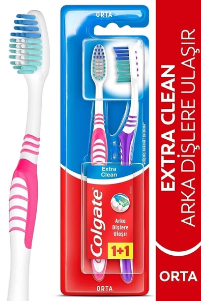Colgate Extra Clean Dil Temizleyicili Arka Dişlere Uzanan Orta Diş Fırçası 1+1