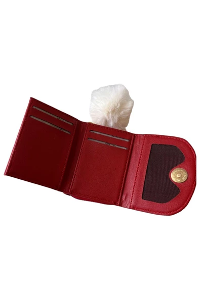 Ulaş Aksesuar   Kırmızı Renk Peluş Beyaz Top Suni Deri Kibar Bozuk Para Bölmeli Kadın Cüzdan - 2