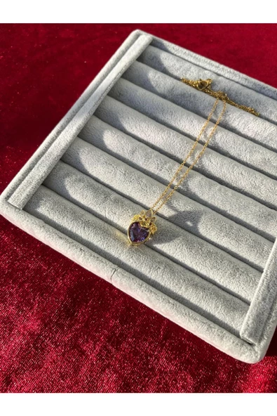 Ulaş Aksesuar   Gold Renk Zirkon Taşlı Tac Mor Kalpli Kararmaz Paslanmaz 316l Çelik Kadın Kolye - 2