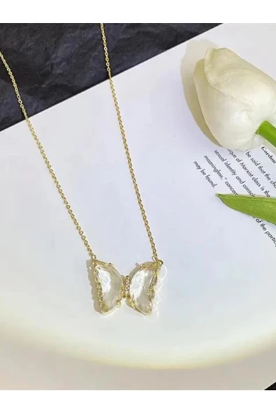 Ulaş Aksesuar   Gold Renk Zirkon Taşlı Şeffaf Kelebek Kadın Kararmaz Paslanmaz 316l Çelik Kolye - 2