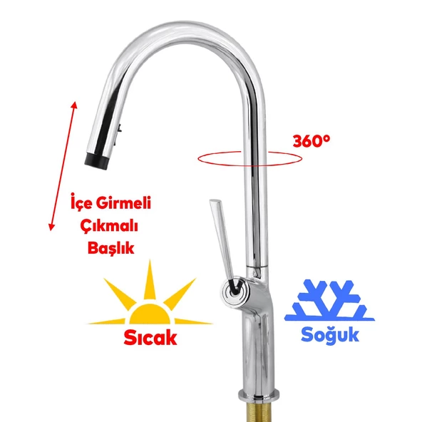 Kaliteli Lüks Spiral Hortumlu Çıkar Başlık Eyve Su Çeşme Banyo Lavabo Mutfak Bataryası 360° Musluk - 4