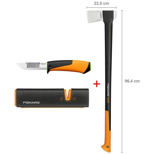 Fiskars Yarma Baltası XXL-X27 + Bileyicili Ağır İş Bıçağı + Balta ve Bıçak Bileyici