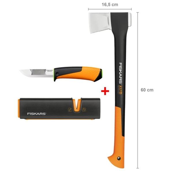 Fiskars Yarma Baltası M-X17 + Bileyicili Ağır İş Bıçağı + Balta ve Bıçak Bileyici