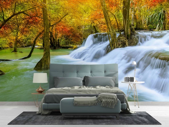 Orman ve Şelale Manzaralı Duvar Kağıdı - Resim 2