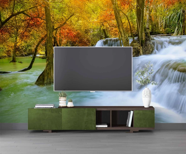 Orman ve Şelale Manzaralı Duvar Kağıdı - Resim 3