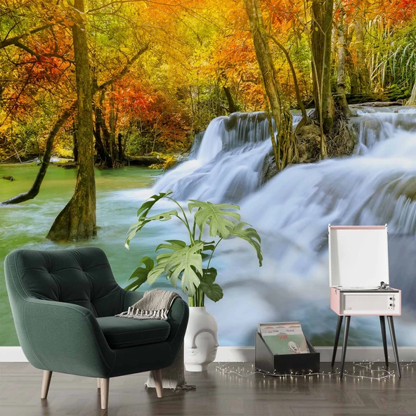 Orman ve Şelale Manzaralı Duvar Kağıdı - Resim 6