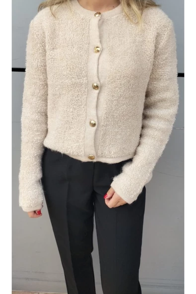 Kadın Bisiklet Yaka Gold Düğmeli Havlu Desenli Şık Triko Hırka - 4