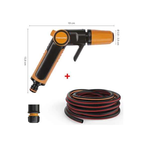 Fiskars Sulama Tabancası + Hortum 19 mm (3/4") 20 m + Bağlantı Aparatı