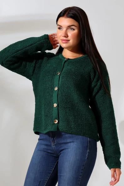 Kadın Bisiklet Yaka Gold Düğmeli Havlu Desenli Şık Triko Hırka - 8