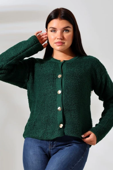 Kadın Bisiklet Yaka Gold Düğmeli Havlu Desenli Şık Triko Hırka - 6