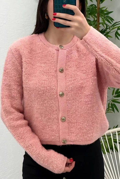 Kadın Bisiklet Yaka Gold Düğmeli Havlu Desenli Şık Triko Hırka - 3