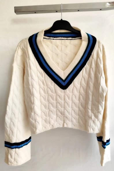 Kadın 2 li V Yaka Çizgili Triko Crop Bluz - 4