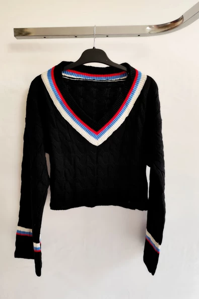 Kadın 2 li V Yaka Çizgili Triko Crop Bluz - 3