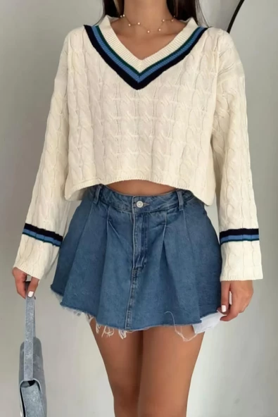 Kadın 2 li V Yaka Çizgili Triko Crop Bluz - 2