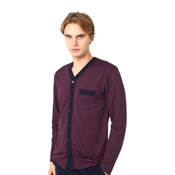 Kly Jakarlı Penye Önden Düğmeli Gömlek Erkek Pijama Takım - 6