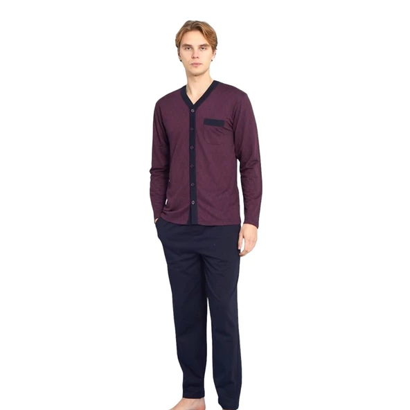 Kly Jakarlı Penye Önden Düğmeli Gömlek Erkek Pijama Takım - 4