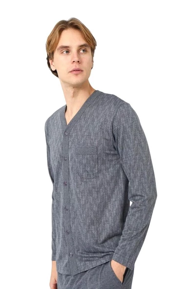 Kly Jakarlı Penye Önden Düğmeli Gömlek Erkek Pijama Takım - 12