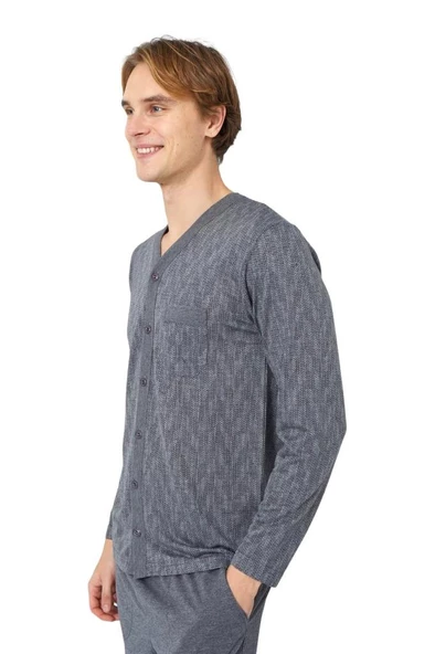 Kly Jakarlı Penye Önden Düğmeli Gömlek Erkek Pijama Takım - 11