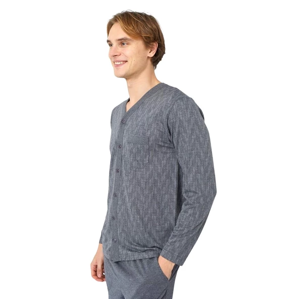 Kly Jakarlı Penye Önden Düğmeli Gömlek Erkek Pijama Takım - 2