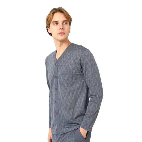 Kly Jakarlı Penye Önden Düğmeli Gömlek Erkek Pijama Takım - 3
