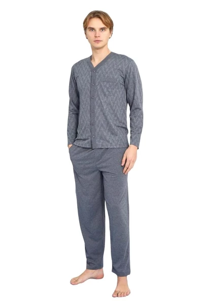 Kly Jakarlı Penye Önden Düğmeli Gömlek Erkek Pijama Takım - 10
