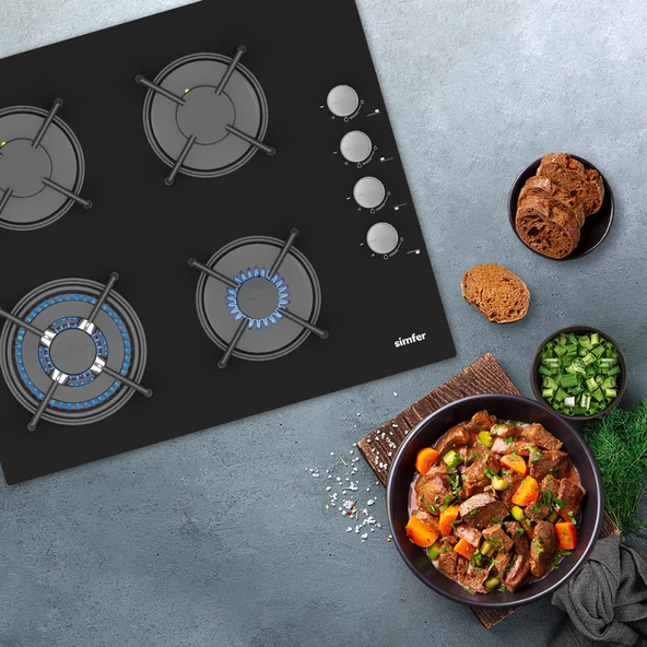 Simfer 3508 3G + 1 Wok 60 cm Siyah Cam Ankastre Ocak - 2