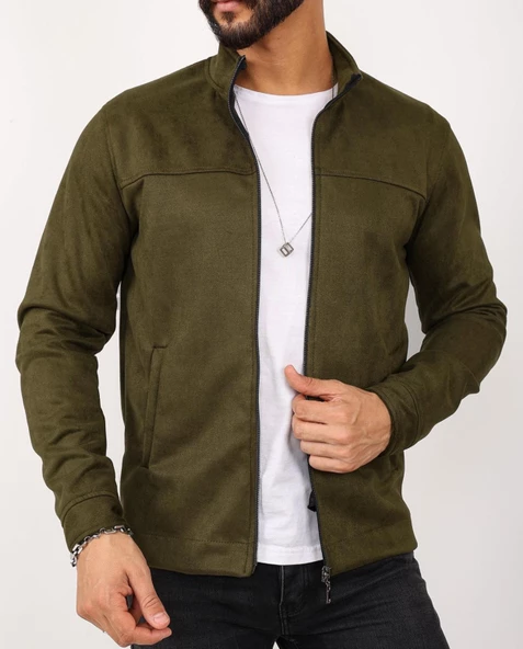 Erkek Slim Fit Haki Süet Fermuarlı Ceket 6953