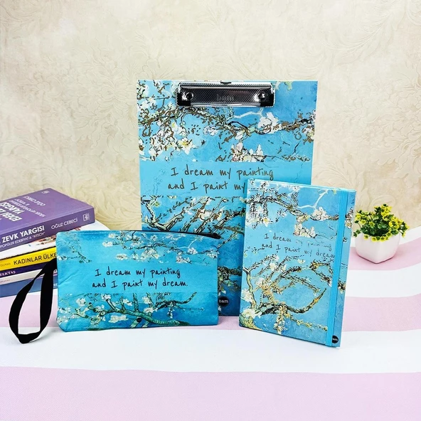 VAN GOGH BADEM ÇİÇEĞİ TASARIMLI ÖZEL KUTULU SEKRETERLİK LASTİKLİ DEFTER VE KALEMLİK SET