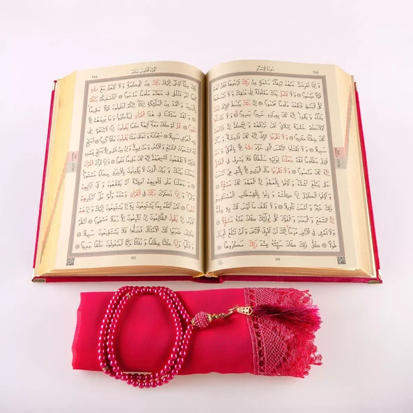 Şal + Tesbih + Kuran Hediye Seti (Çanta Boy, Kadife, Şems Lafzatullah, Fuşya Pembe) - Resim 4